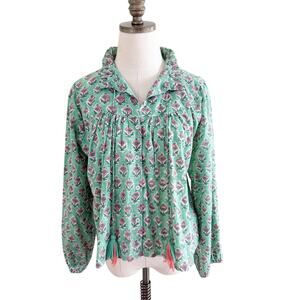 Marea Green & Pink Floral Print Blouse Small 100% Cotton Button Up Bubble Sleeve